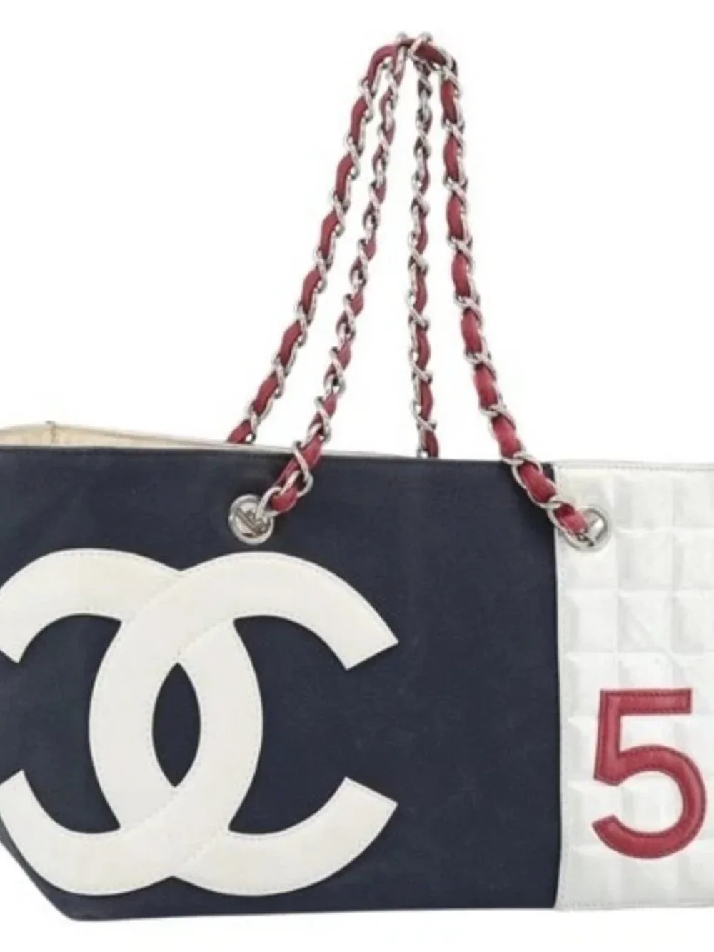 CHANEL Choco Bar Chain Tote Bag No5 Canvas Navy Silver CC Auth 188914